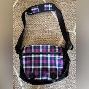 L.L. Bean Messenger Bag Travel Tote School Black Purple Plaid Crossbody Style